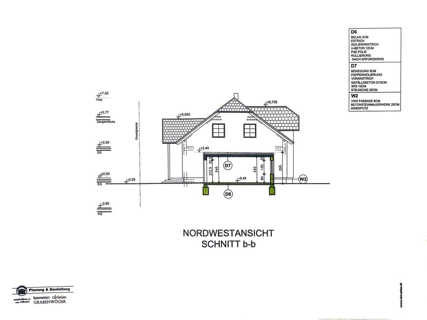 Nordwestansicht des Gebäudes mit Satteldach und integrierter Garage im Erdgeschoss.