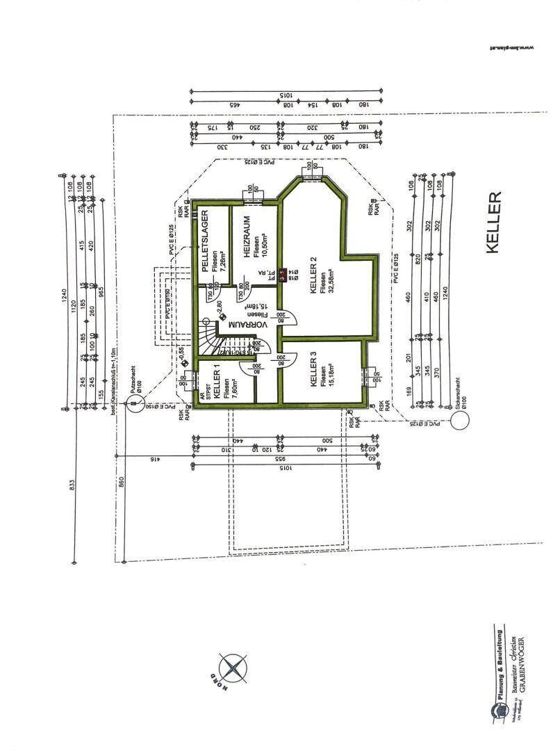 Grundriss des Kellers mit mehreren Kellerräumen, Heizraum und Pelletslager.