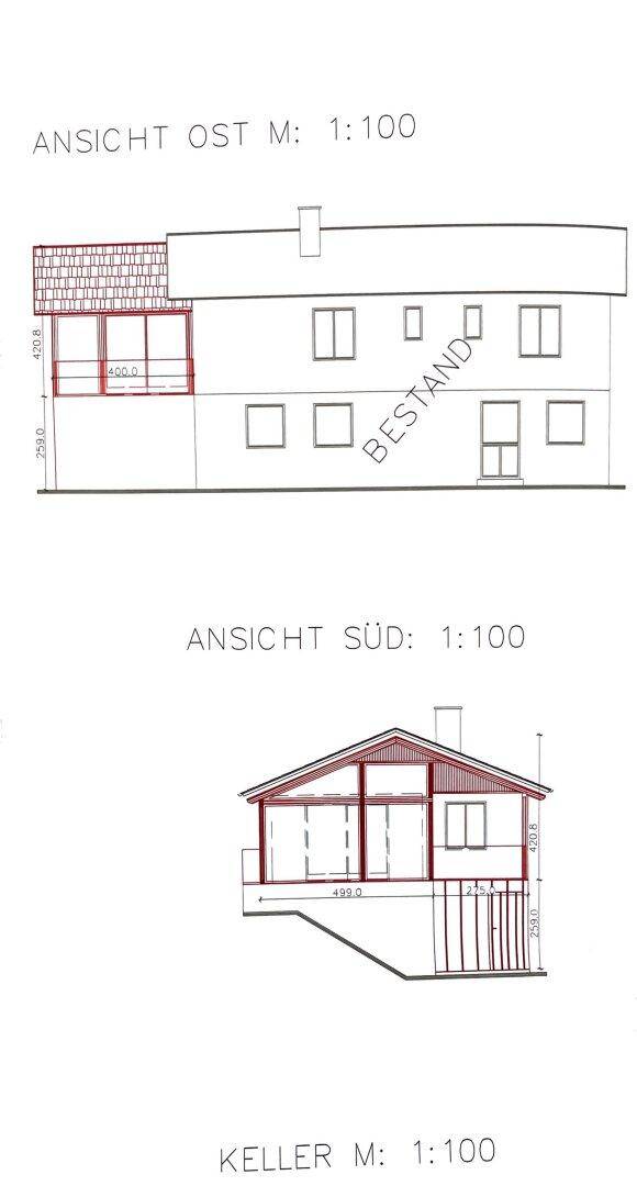 Ansichten Ost und Süd des Gebäudes mit bestehenden und geplanten Erweiterungen sowie Fenstern.