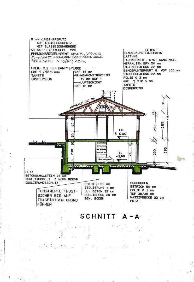 Architektonischer Schnitt A-A des Gebäudes zeigt die Konstruktion, Geschossebenen und Dachform.