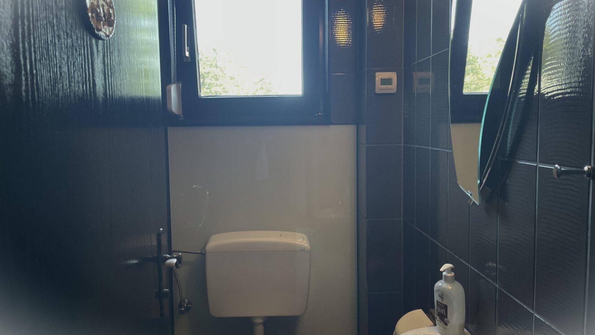 Separate Toilette mit Fenster, dunklen Fliesen und einfacher Ausstattung.