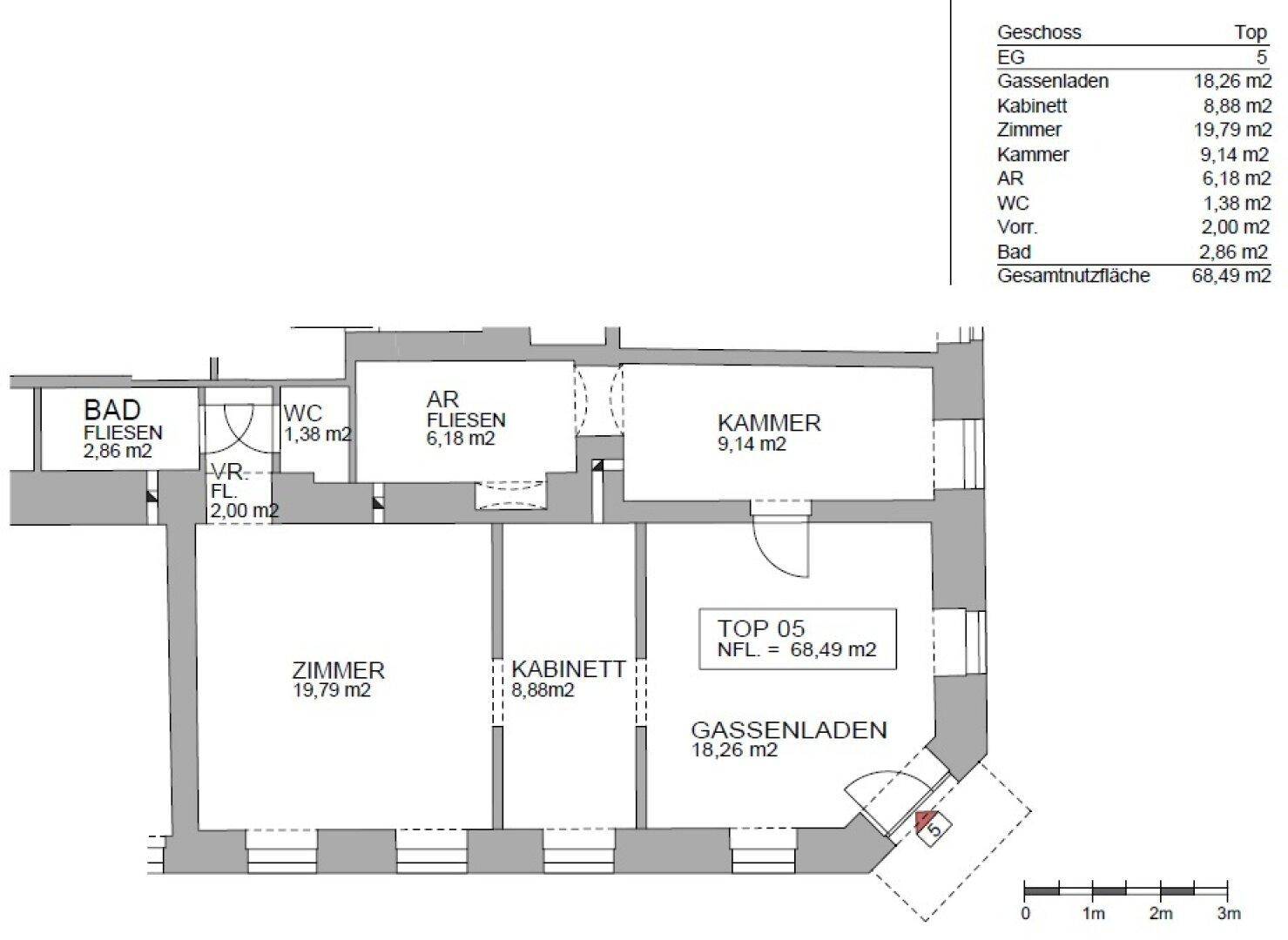 Grundriss des Erdgeschosses mit Gassenladen, Zimmern, Kabinett, Bad und WC.