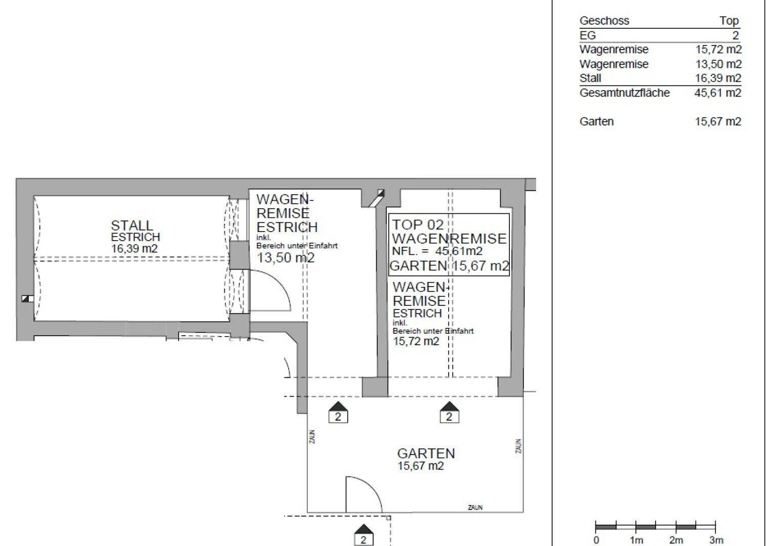 Grundriss des Erdgeschosses mit Wagenremisen, Stall und einem kleinen Gartenbereich.