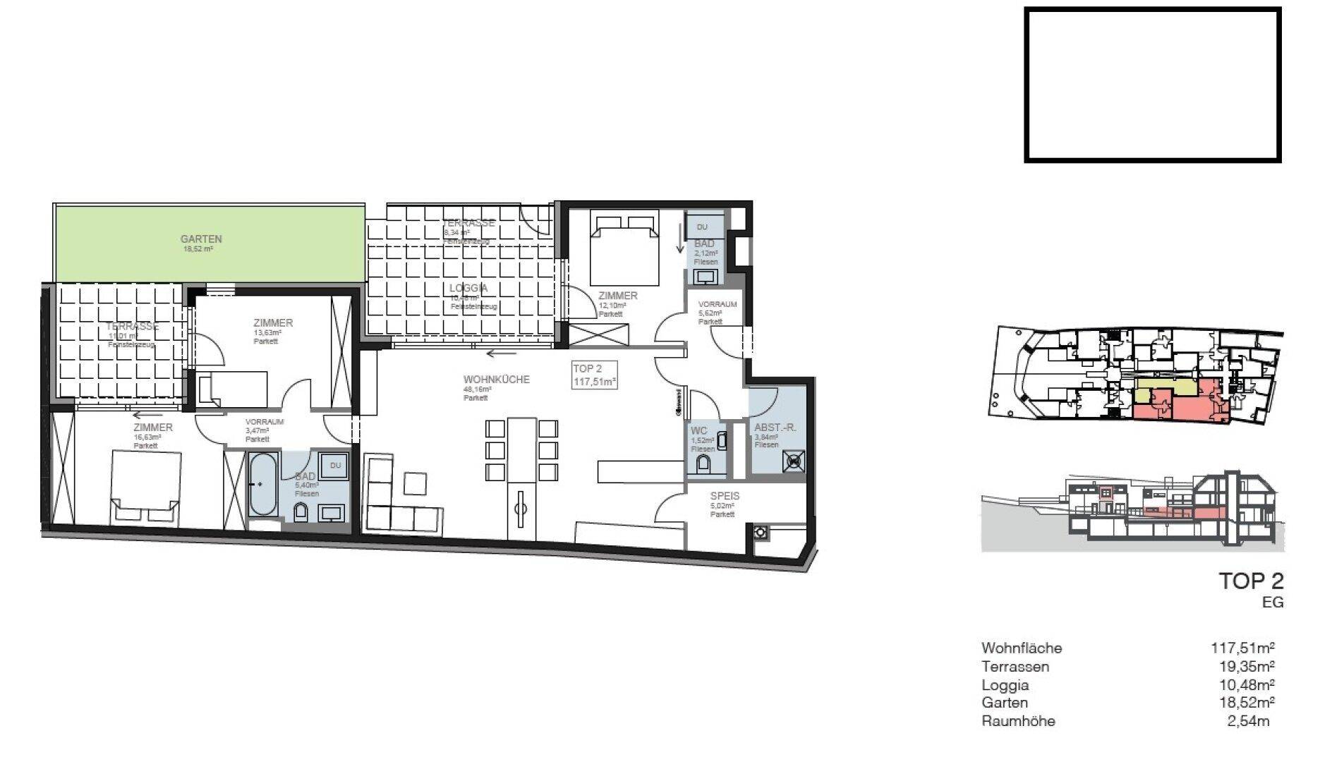 Detaillierter Grundriss der Wohnung mit Wohnfläche, Terrassen und Gartenanteil.
