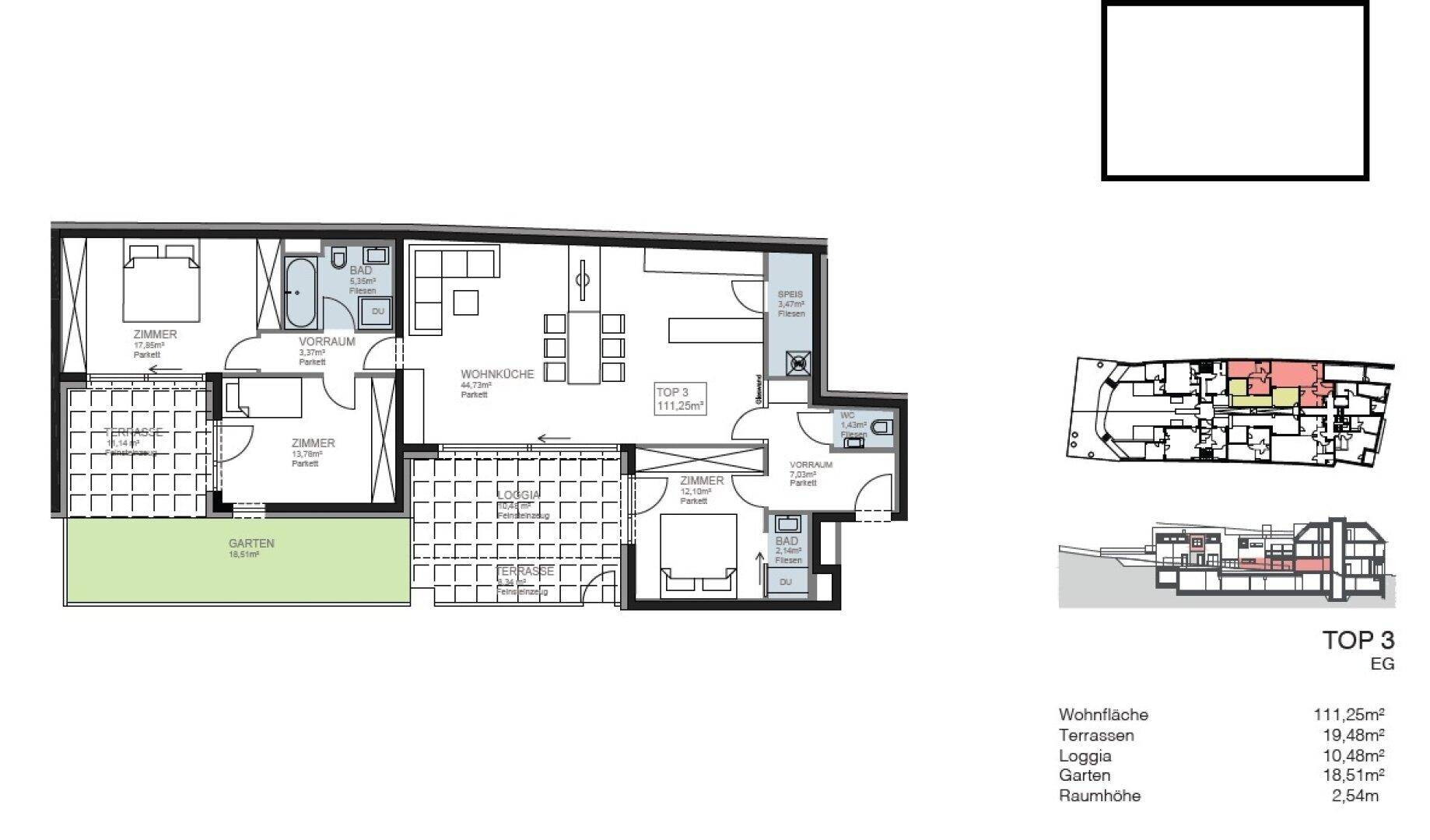 Detaillierter Grundriss einer Wohnung mit Garten, Terrasse und Loggia.