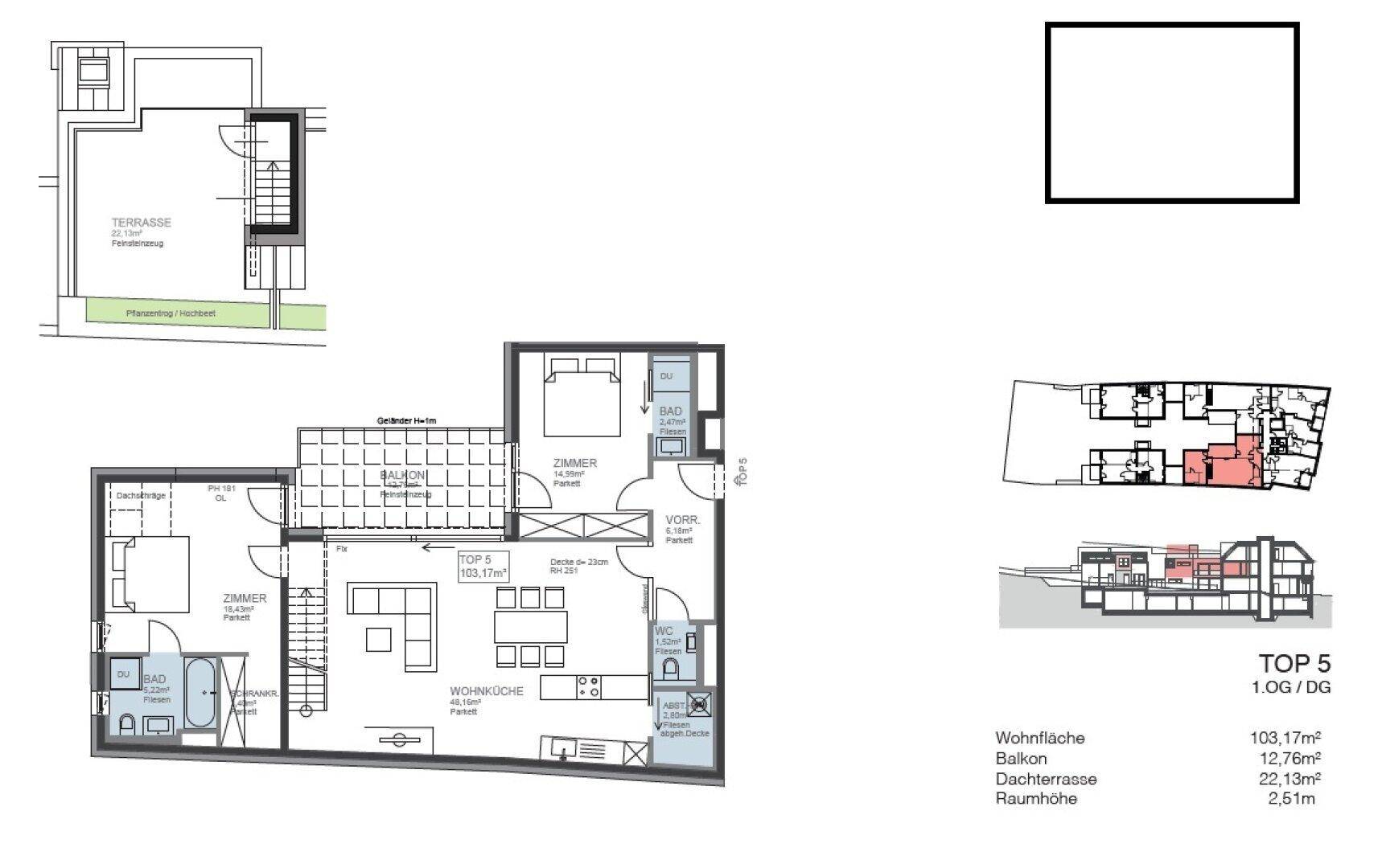Grundriss der Wohnung "TOP 5" im 1. Obergeschoss und Dachgeschoss mit Terrasse und Balkon.