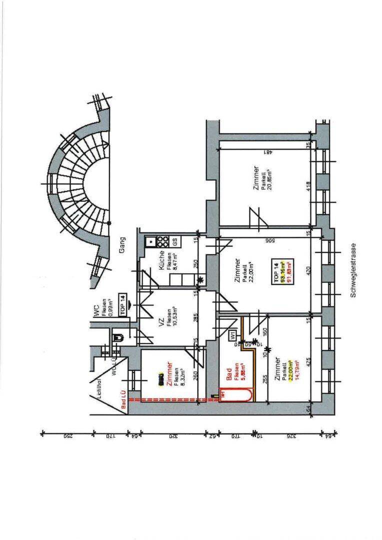 Grundriss der Wohnung mit Zimmern, Küche, Bad und WC.