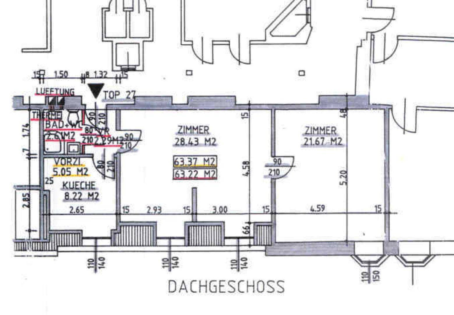 Grundriss des Dachgeschosses mit Zimmern, Bad, Küche und Vorraum.