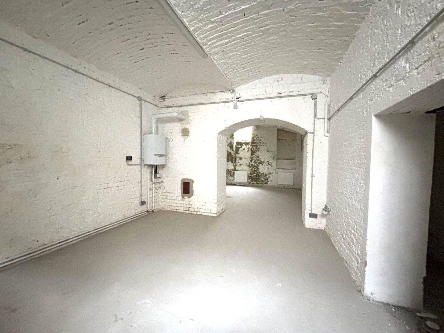 Kellerraum mit weiß gestrichenen Ziegelwänden, Betonboden, gewölbter Decke und sichtbarer Heizungsinstallation.