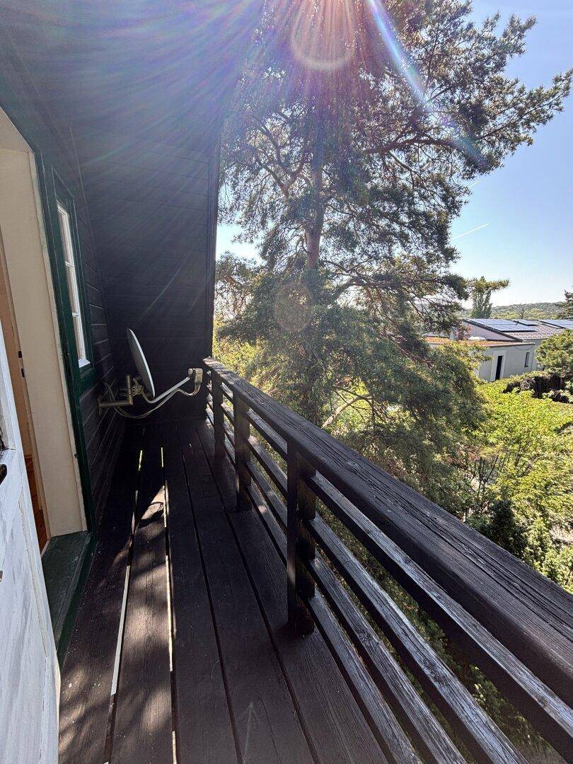 Schmaler Balkon mit schwarzem Geländer und sonnigem Blick auf die grüne Umgebung.