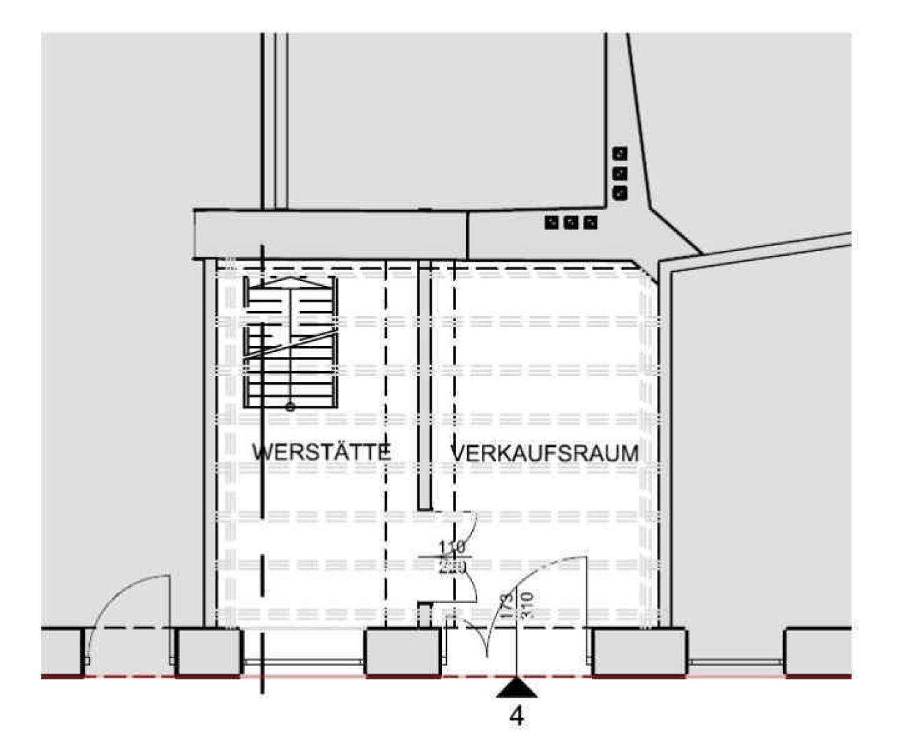 Grundriss des Erdgeschosses mit Werkstatt und Verkaufsraum, inklusive Treppenaufgang.