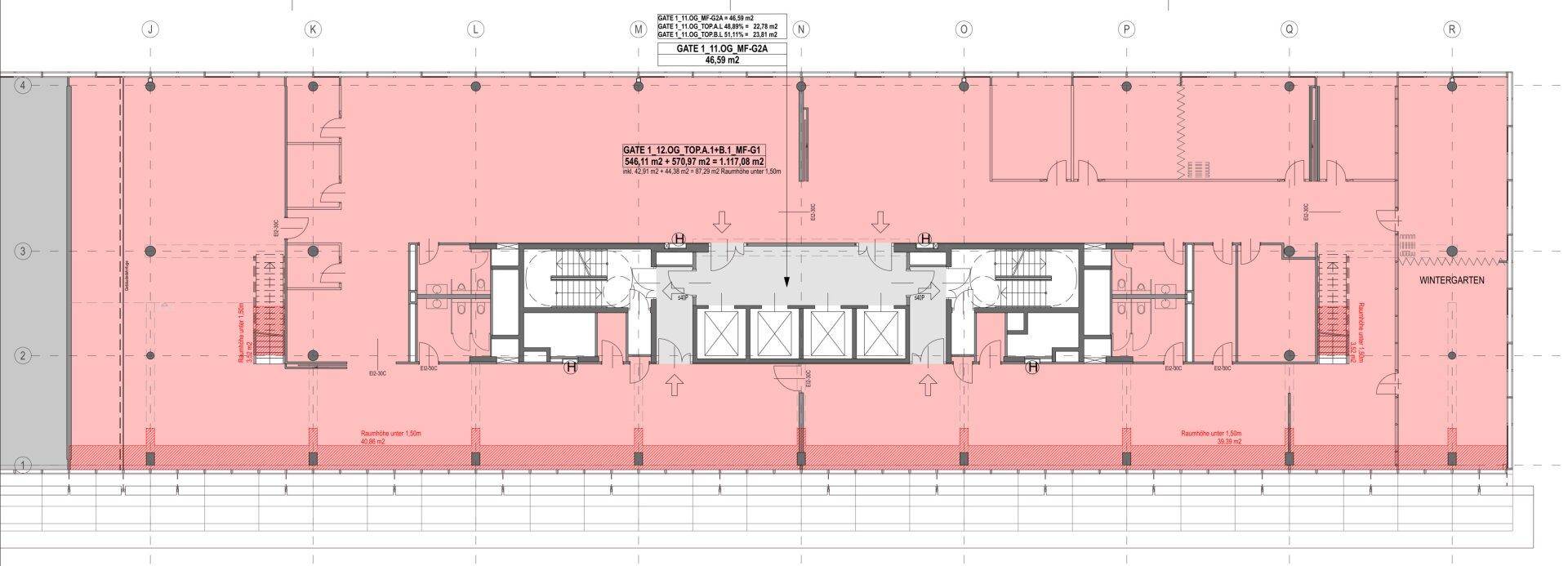 Detaillierter Grundriss eines Bürogebäudes mit verschiedenen Bereichen und Treppenhäusern für optimale Nutzung.
