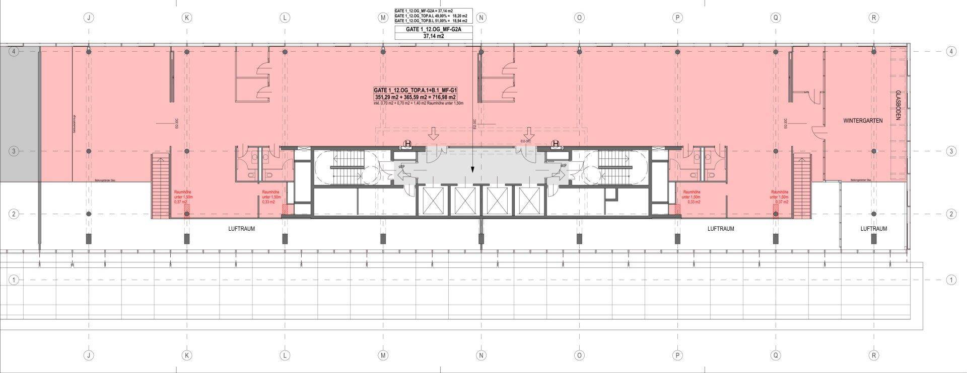 Übersichtlicher Grundriss einer Büroetage mit offenem Luftraum und verschiedenen Büroeinheiten für flexible Gestaltung.