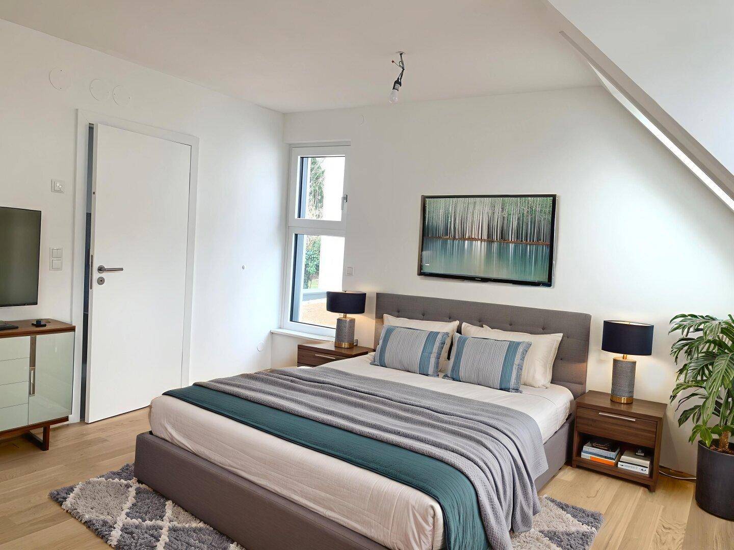 Modernes Schlafzimmer mit Holzboden, großem Bett und Blick ins Grüne durch das Fenster.