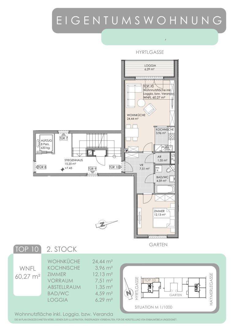 Grundriss der Eigentumswohnung mit Wohnküche, Zimmern und Loggia.