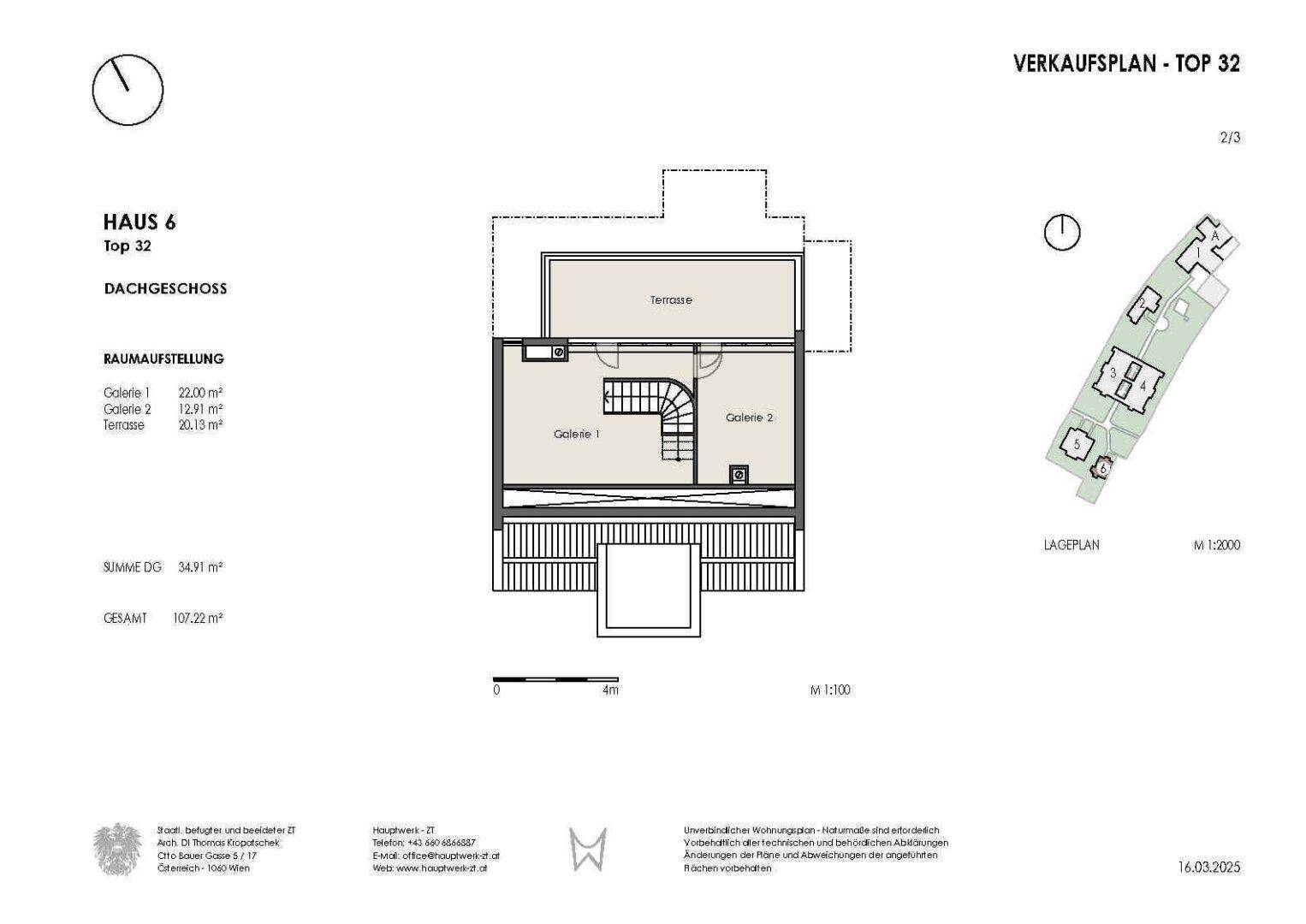 Grundriss des Dachgeschosses mit Galeriebereichen und einer großen Terrasse.