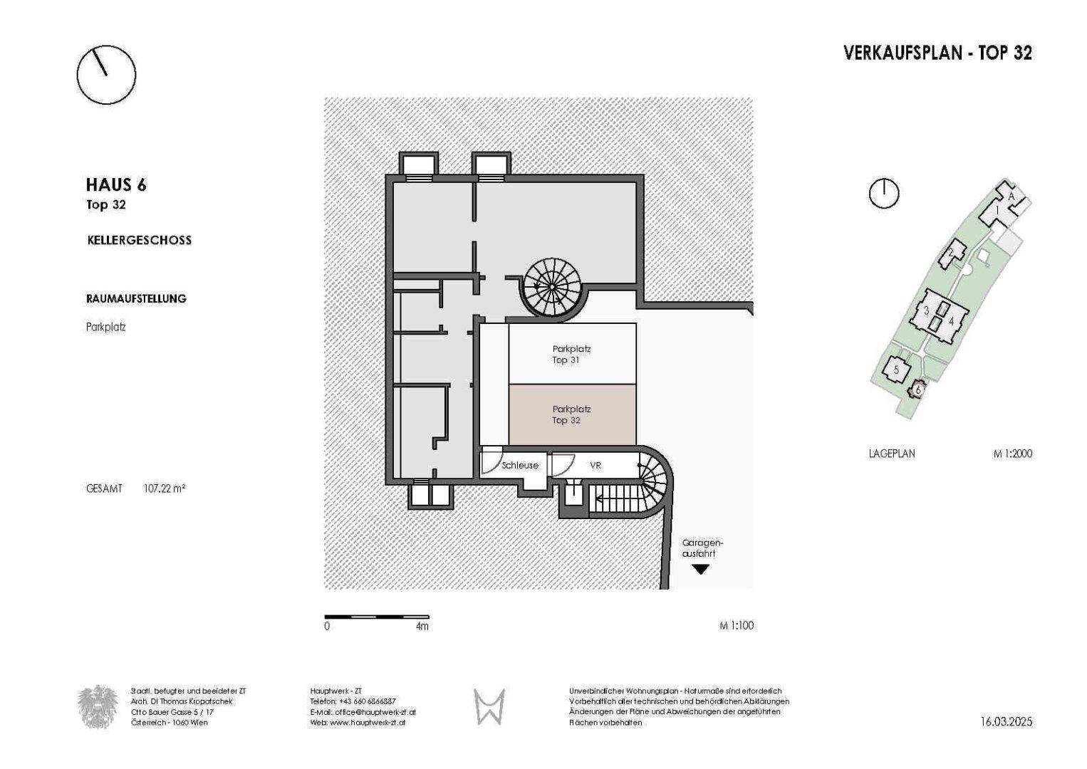 Grundriss des Kellergeschosses mit Parkplätzen und Abstellräumen.