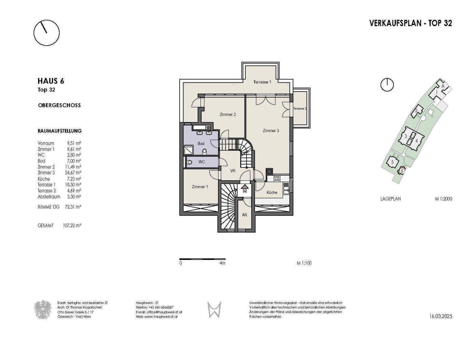 Grundriss des Obergeschosses mit drei Zimmern, Bad, WC und zwei Terrassen.