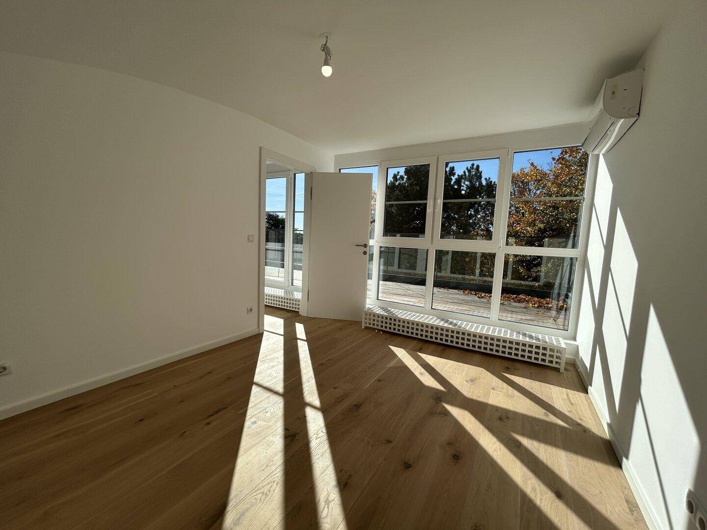 Lichtdurchfluteter Raum mit Holzboden, Klimaanlage und Zugang zu einem Außenbereich.