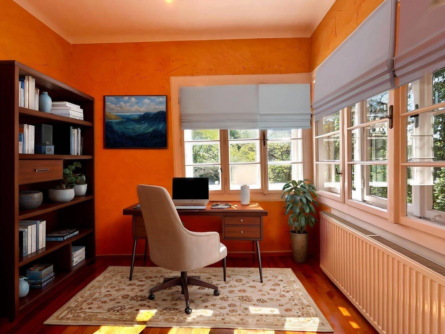 Helles Arbeitszimmer mit orangefarbenen Wänden, Holzboden und großzügigen Fenstern mit Grünblick.