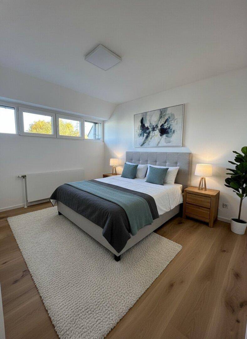 Gemütliches Schlafzimmer mit Holzboden, Doppelbett und Fenstern, die viel Tageslicht hereinlassen.