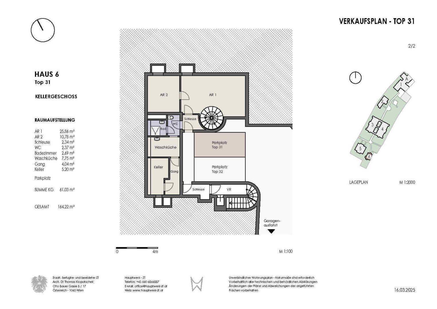 Grundriss des Kellergeschosses mit Abstellräumen, Waschküche und Tiefgaragenzugang.