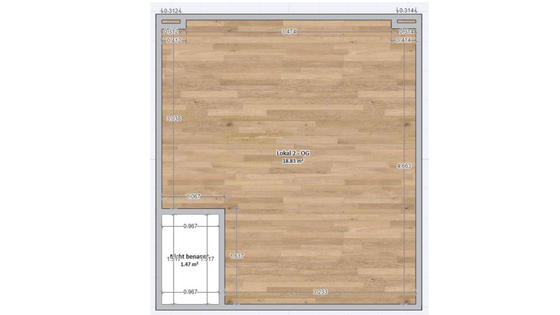 Grundriss des Obergeschosses mit Holzboden und einer Fläche von 18.83 m².