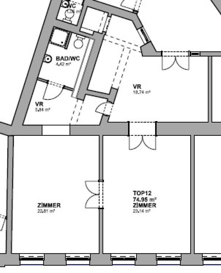 Grundriss einer Wohnung mit mehreren Zimmern, Bad und separatem WC.
