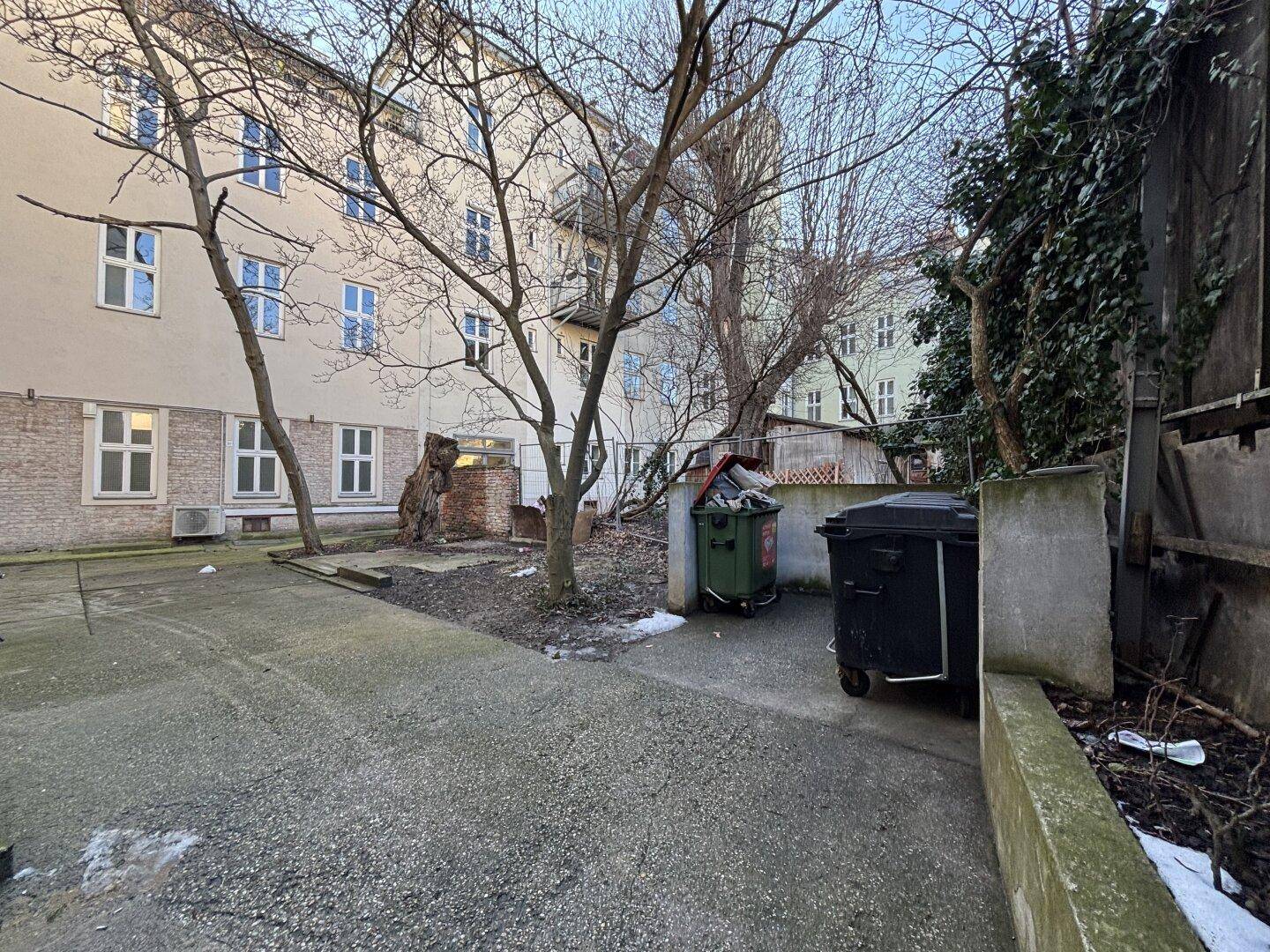 Hinterhof mit Bäumen, Mülltonnen und Blick auf die Gebäudefassade.