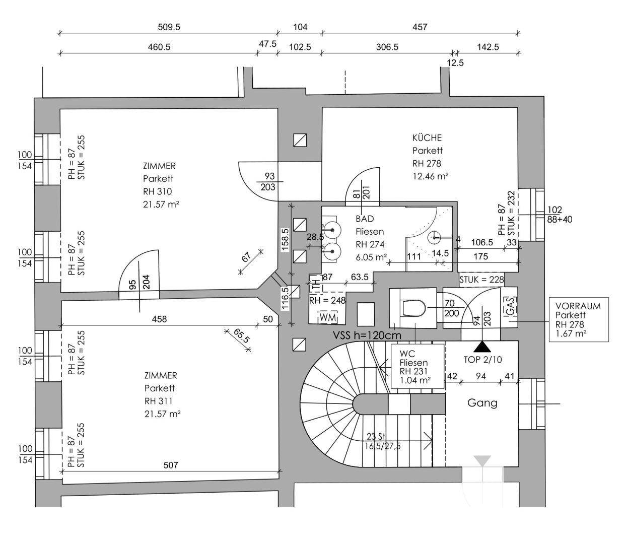 Grundriss einer Wohnung mit zwei Zimmern, separater Küche, Bad und WC.