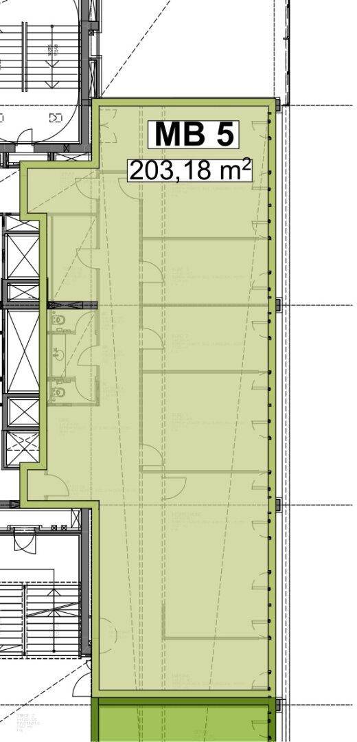 Grundriss zeigt eine längliche, rechteckige Einheit mit mehreren Räumen und einer Gesamtfläche von 203,18 m².