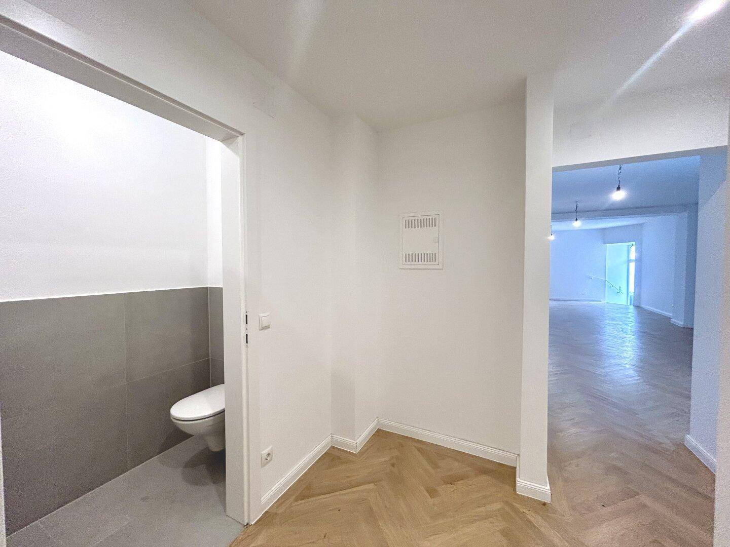 Eingangsbereich mit Fischgrätparkett und Blick auf eine Gästetoilette mit modernen Fliesen.