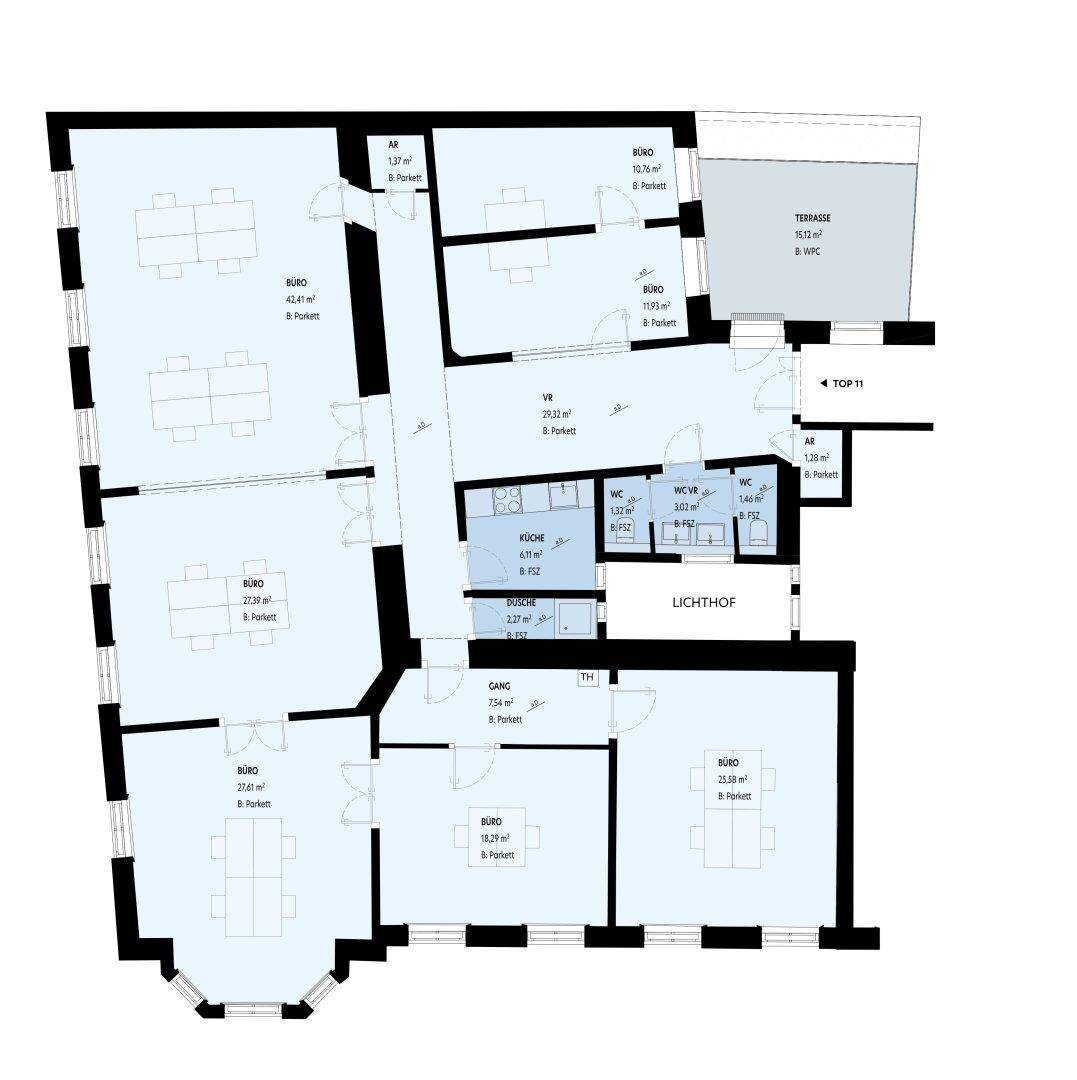 Grundrissplan mit mehreren Büroräumen, einer Terrasse und Sanitäranlagen.