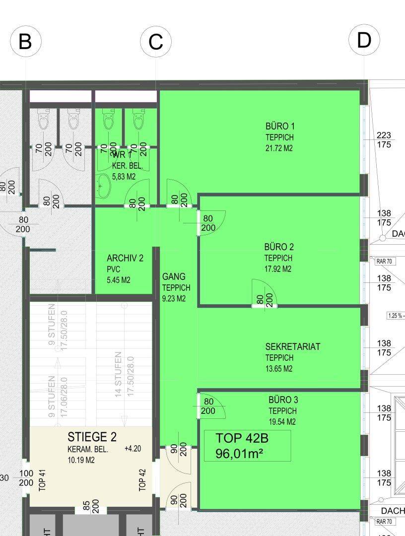 Grundriss zeigt mehrere Büroräume, einen Gang, Archiv und Toiletten mit Gesamtfläche von 96,01 m².