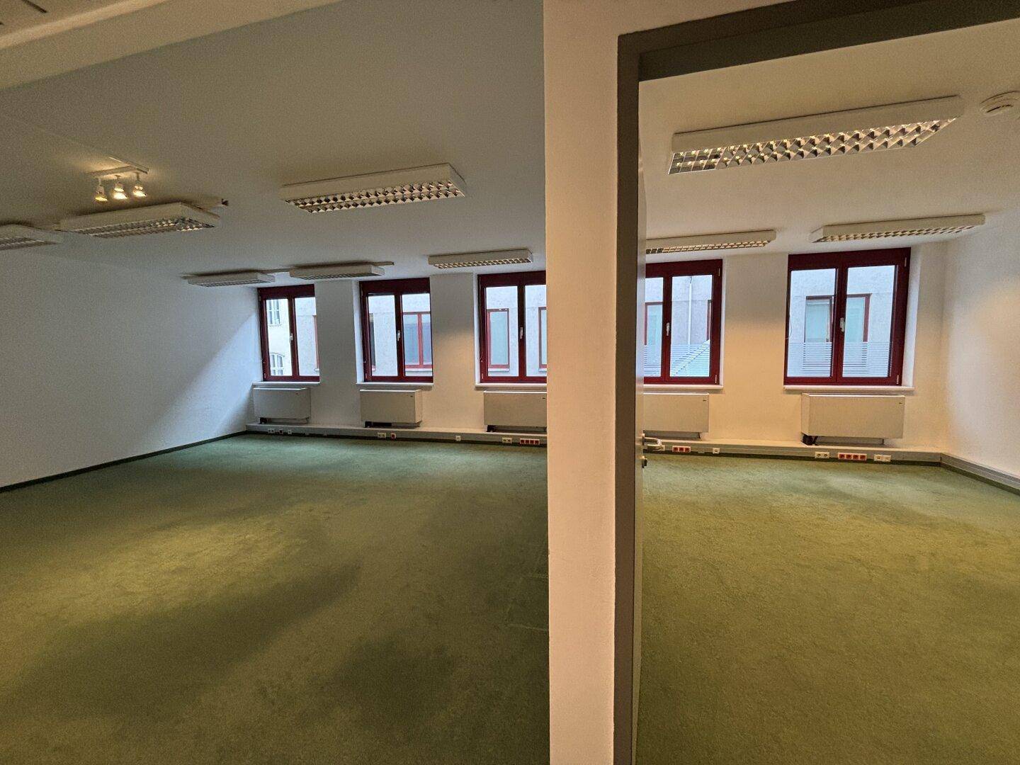 Großes Büro mit grünem Teppichboden und einer Reihe von Fenstern, die viel Tageslicht hereinlassen.