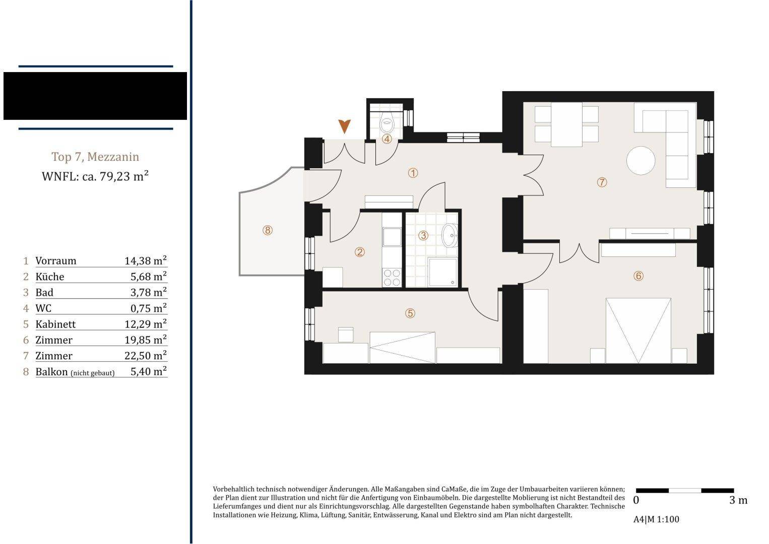Detaillierter Grundriss einer Wohnung mit Balkon, separatem WC und mehreren Zimmern.