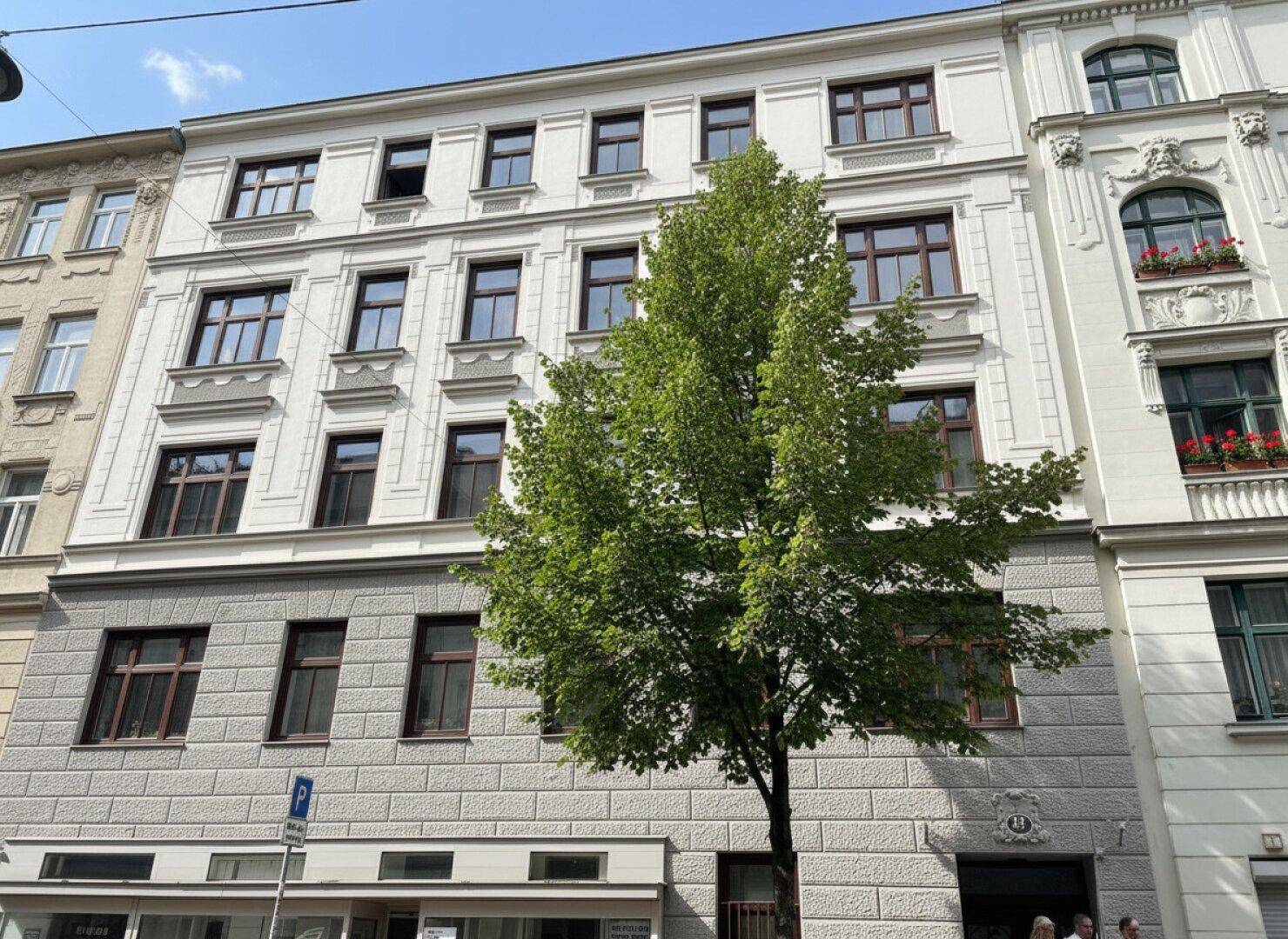 Klassische Fassade eines Mehrfamilienhauses mit vielen Fenstern und einem großen Baum davor.