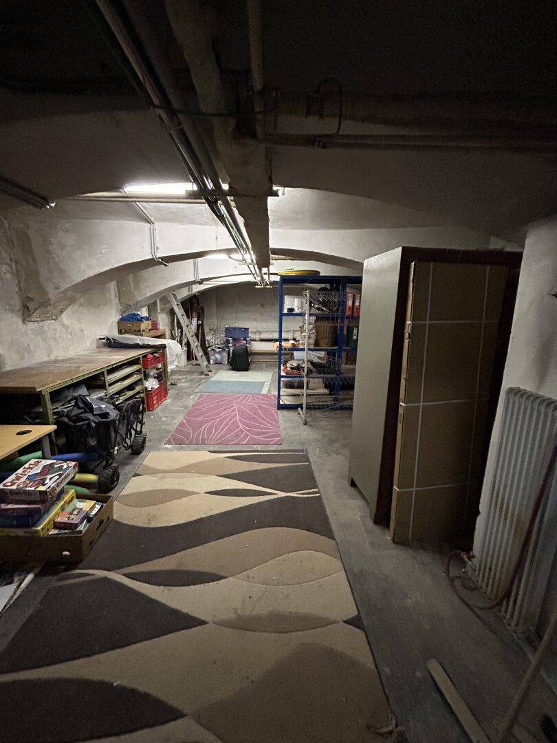 Langer, schmaler Kellergang mit niedriger Decke, Teppichen und Regalen, der als Abstellfläche dient.