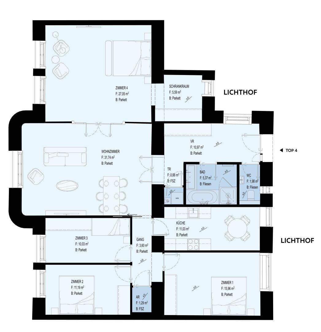 Grundriss einer Wohnung mit mehreren Zimmern, offenem Wohnbereich und separaten Bädern.