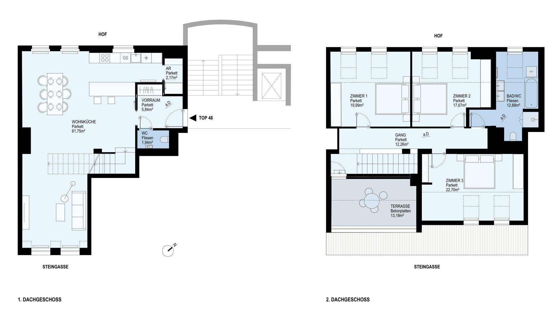 Grundrisspläne für zwei Dachgeschosse mit Wohnküche, mehreren Zimmern, Bad und Terrasse.