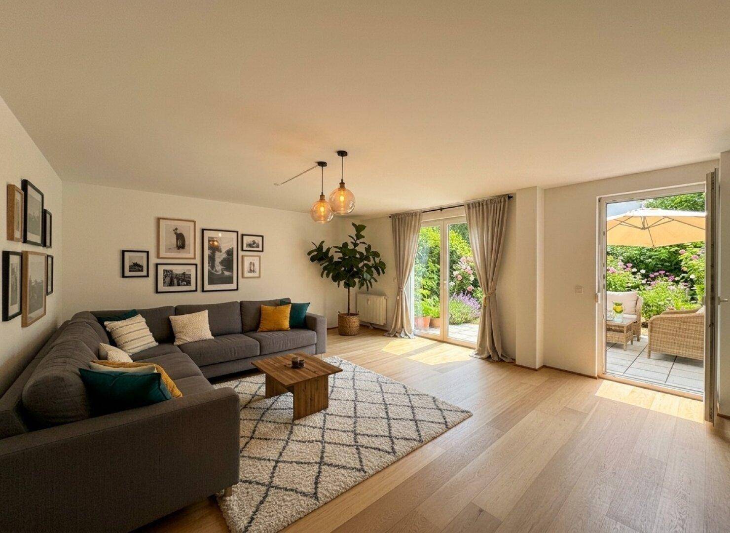 Helles Wohnzimmer mit Holzboden, großem Sofa und Zugang zu einer möblierten Terrasse.