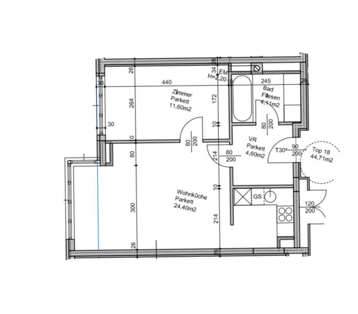 Grundriss der Wohnung Top 18 mit 44,71m² Wohnfläche, Zimmer, Wohnküche und Bad.