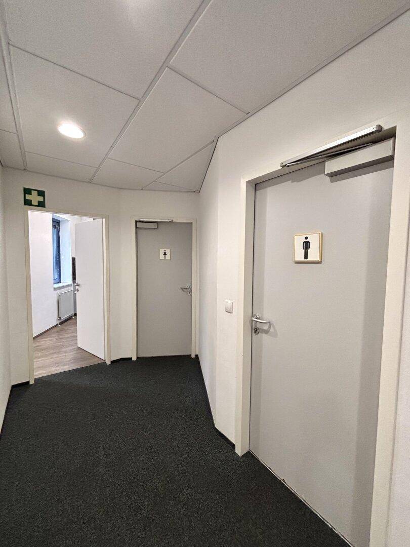 Flur mit mehreren Türen zu Toiletten und anderen Räumen, ausgestattet mit Teppichboden.