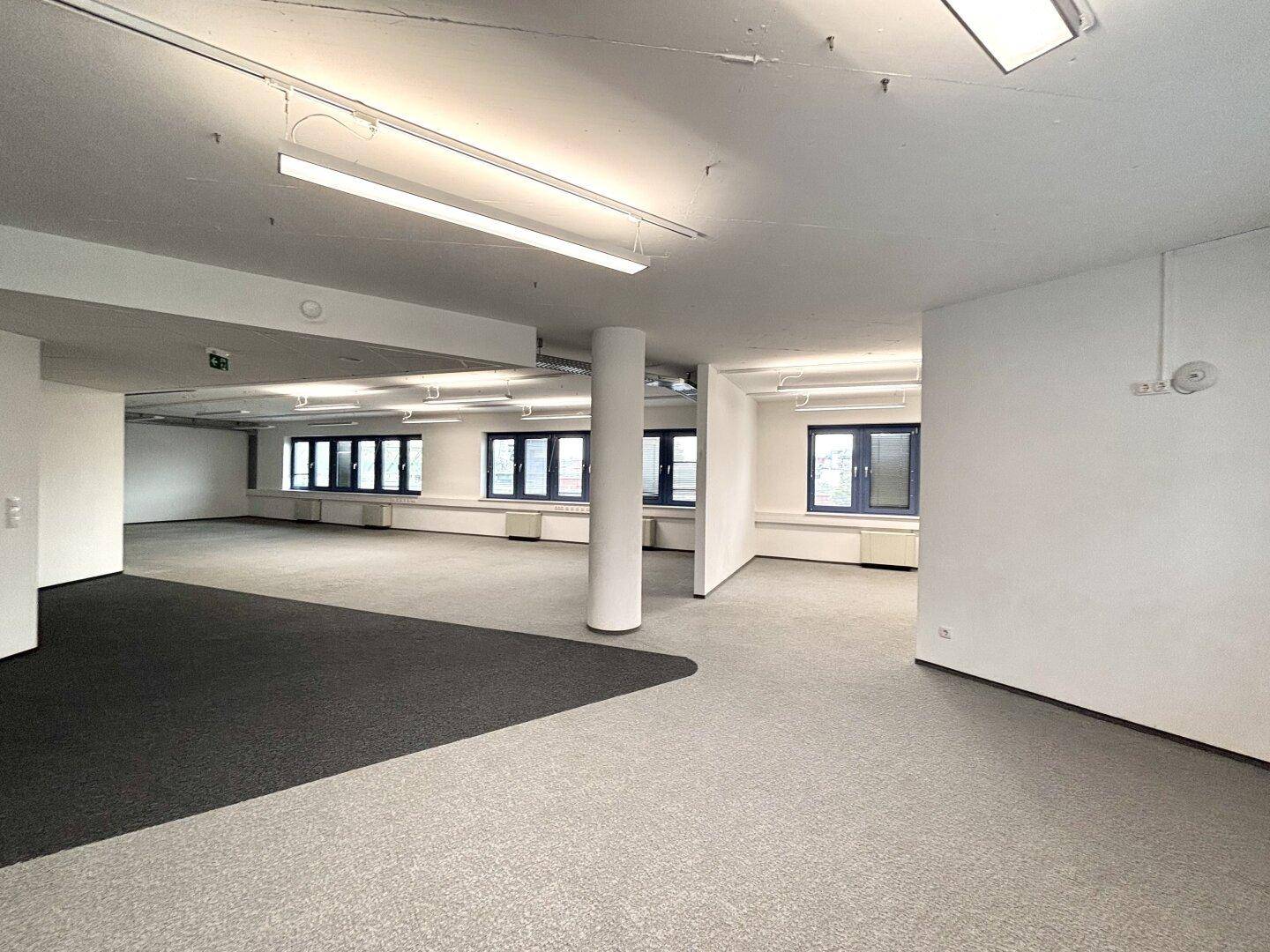 Weitläufiger Büroraum mit Teppichboden, Säulen und blauen Fensterrahmen, der viel Platz bietet.