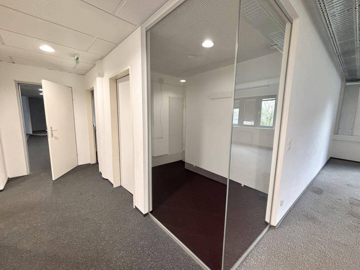 Separates Büro mit Glaswand und Teppichboden, das einen Blick in den Flur ermöglicht.