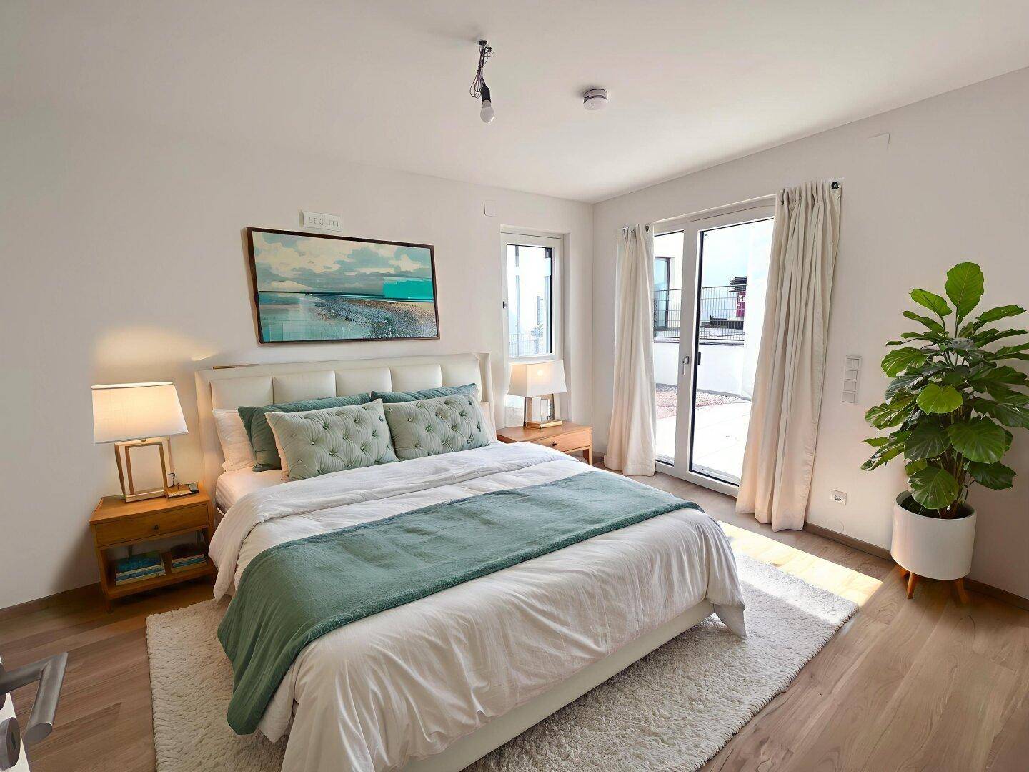 Gemütliches Schlafzimmer mit Holzboden, Doppelbett und Zugang zu einem Außenbereich.