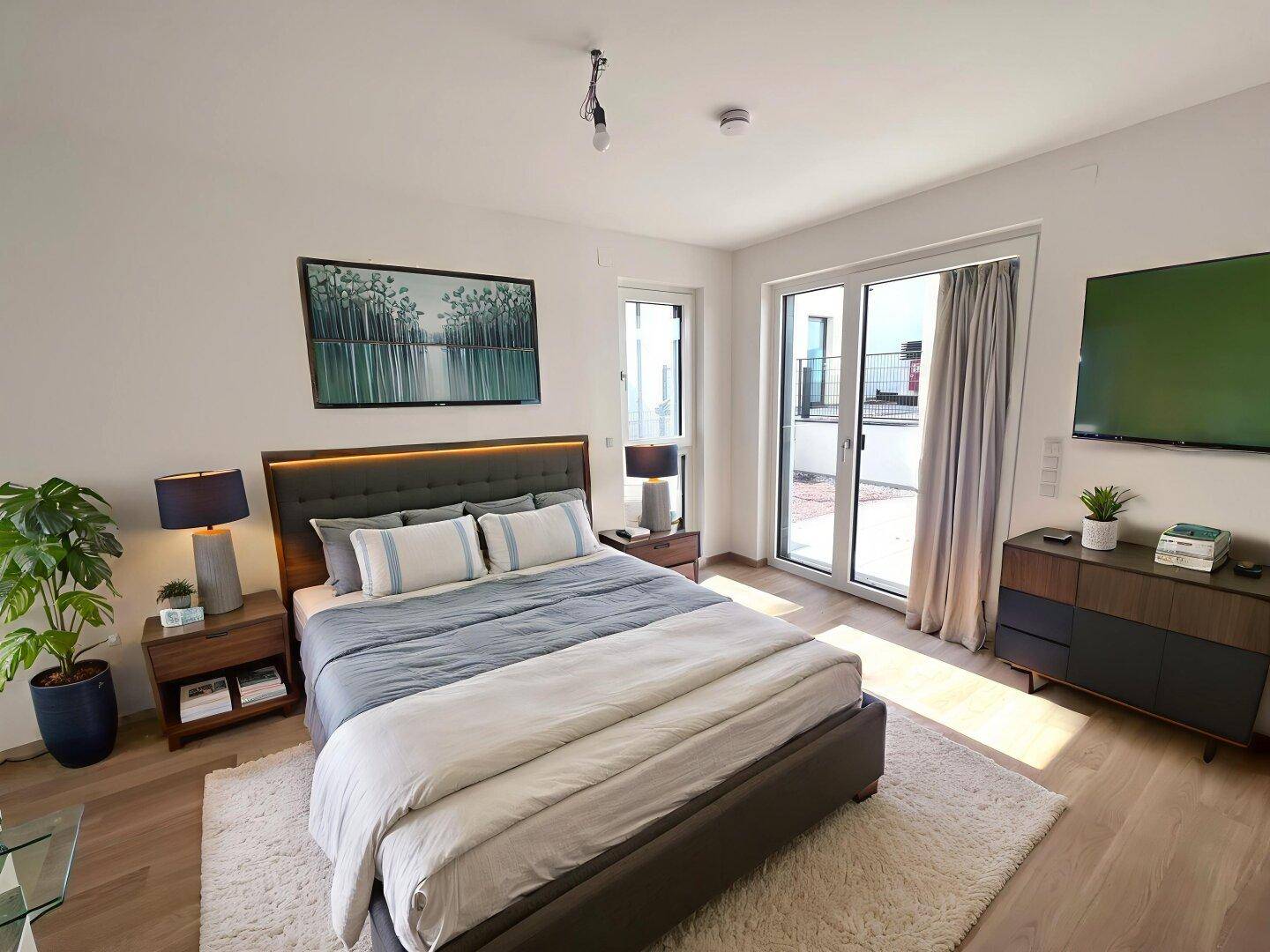 Modernes Schlafzimmer mit Holzboden, großem Bett und Zugang zu einem Außenbereich.