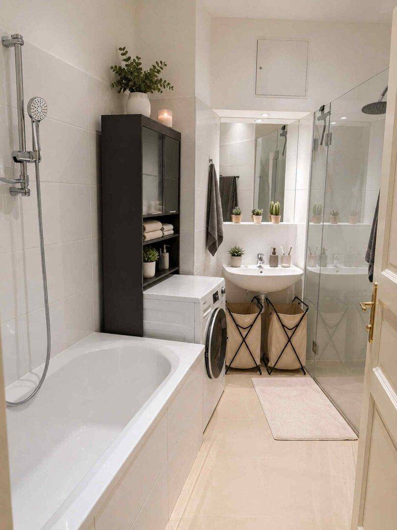 Helles Badezimmer mit Badewanne, separater Dusche, Waschmaschine und modernem Design.
