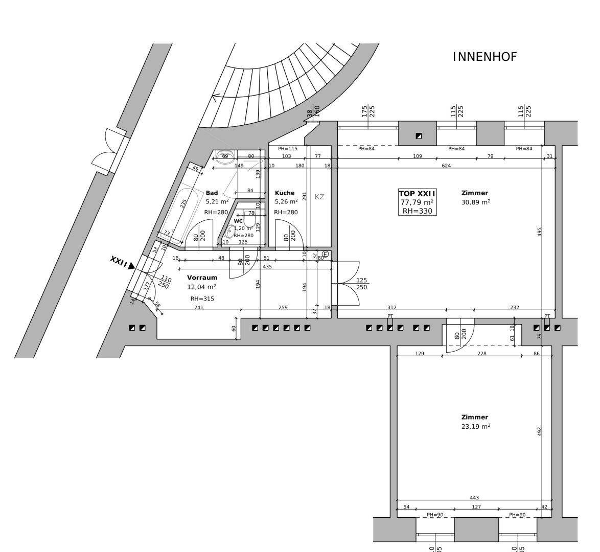 Grundriss einer Wohnung mit mehreren Zimmern, separater Küche, Bad und WC, sowie Blick auf einen Innenhof.