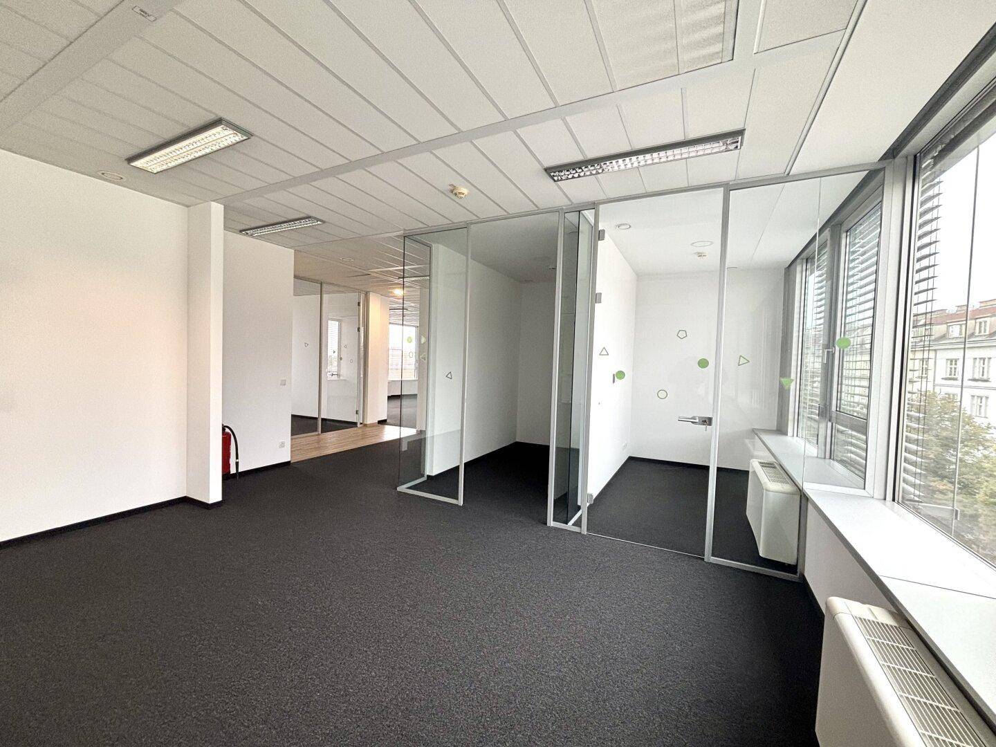 Großzügiger Bürobereich mit Teppichboden und modernen Glaswänden, die einzelne Büros abtrennen.
